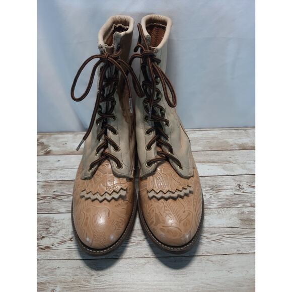 VTG Larry Mahan Tan Tooled Leather Lace Up Western Boots 9 M Kiltie Boots - Picture 7 of 9
